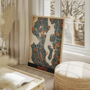 affiche carte seattle vintage salon beige.webp