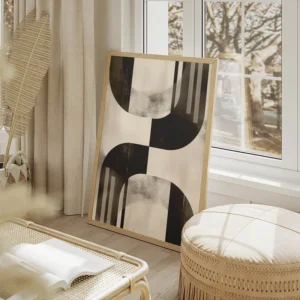 poster abstrait geometrique blanc et noir salon beige.webp