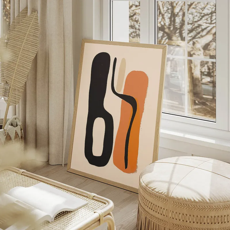 poster abstrait minimaliste noir et corail salon beige.webp