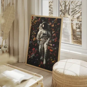 poster astronaute fleuri salon beige.webp