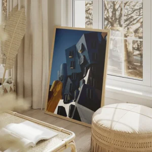 poster batiment moderne acier et or salon beige.webp