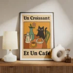 poster cafe croissant avec chat meuble.webp