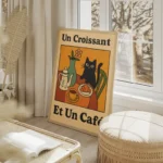 poster cafe croissant avec chat salon beige.webp