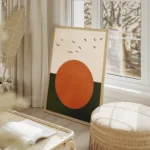 poster cercle orange et oiseaux salon beige.webp