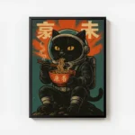 poster chat astronaute mangeant des nouilles avec cadre.webp
