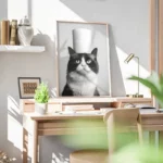 poster chat avec chapeau en papier bureau.webp