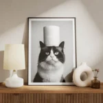 poster chat avec chapeau en papier meuble.webp