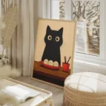 poster chat noir avec boulettes salon beige.webp
