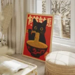poster chat noir avec nouilles salon beige.webp