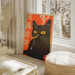 poster chat noir enfume salon beige.webp