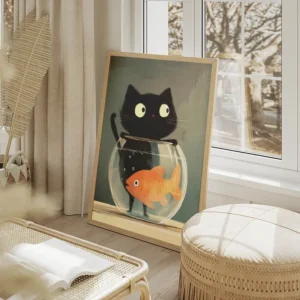 poster chat noir et poisson orange salon beige.webp