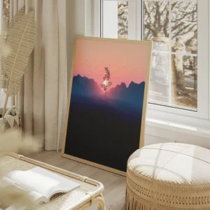 poster coucher de soleil avec arbre solitaire salon beige.webp