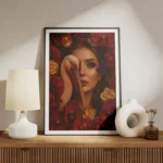 poster femme et flamant rose meuble.webp