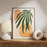 poster feuilles vertes et formes geometriques meuble.webp