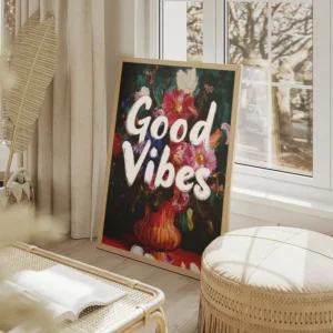 poster fleurs colorees et bonnes vibes salon beige.webp
