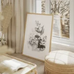 poster fleurs en noir et blanc salon beige.webp
