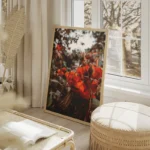 poster fleurs roses orange salon beige.webp