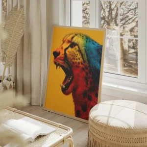 poster guepard arc en ciel salon beige.webp
