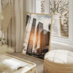 poster immeubles modernes en verre salon beige.webp