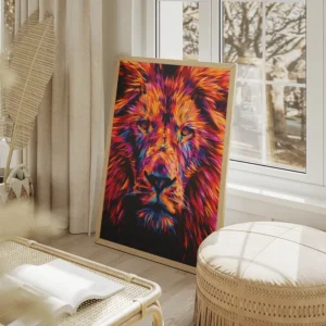poster lion abstrait vibrant salon beige.webp