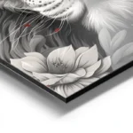 poster lion noir et blanc yeux bleus fleurs aluminium.webp