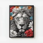 poster lion noir et blanc yeux bleus fleurs avec cadre.webp