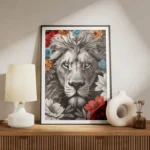 poster lion noir et blanc yeux bleus fleurs meuble.webp