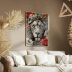 poster lion noir et blanc yeux bleus fleurs salon.webp