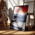 poster montagne enneigee au coucher du soleil encadre.webp