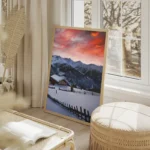 poster montagne enneigee au coucher du soleil salon beige.webp