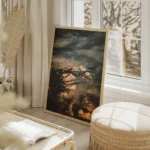 poster montagne enneigee sous ciel nuageux salon beige.webp