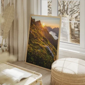 poster montagne et coucher de soleil salon beige.webp