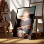 poster paysage de montagne et lac au coucher de soleil encadre.webp