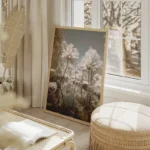 poster paysage de riviere et palmiers salon beige.webp