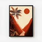 poster paysage retro palmiers coucher de soleil avec cadre.webp
