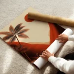 poster paysage retro palmiers coucher de soleil enroule.webp