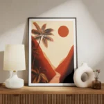 poster paysage retro palmiers coucher de soleil meuble.webp