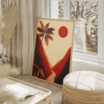 poster paysage retro palmiers coucher de soleil salon beige.webp