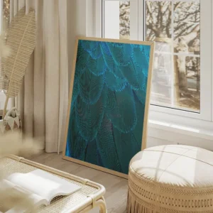 poster plumes bleues salon beige.webp