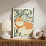 poster renard orange dans un bain fleuri meuble.webp