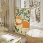 poster renard orange dans un bain fleuri salon beige.webp