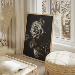poster rose noire et blanche salon beige.webp