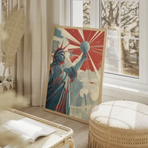 poster statrut de la liberte futuriste vintage salon beige.webp