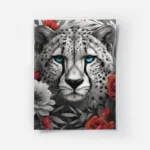 poster tete de guepard noir et blanc avec yeux bleus.webp