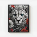poster tete de guepard noir et blanc avec yeux bleus avec cadre.webp