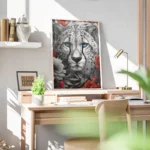 poster tete de guepard noir et blanc avec yeux bleus bureau.webp