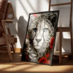 poster tete de guepard noir et blanc avec yeux bleus encadre.webp