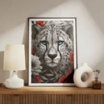 poster tete de guepard noir et blanc avec yeux bleus meuble.webp