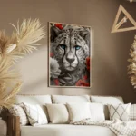 poster tete de guepard noir et blanc avec yeux bleus salon.webp