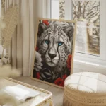 poster tete de guepard noir et blanc avec yeux bleus salon beige.webp